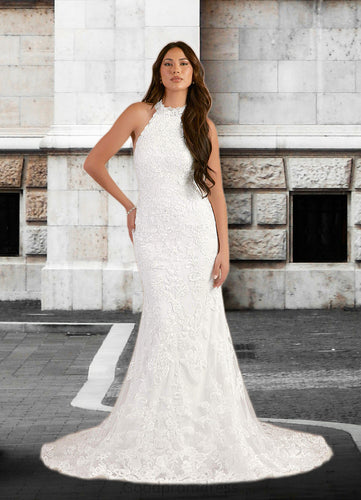 Estrella Mermaid Lace Cathedral Train Dress Diamond White HDOP0022770