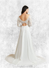 Load image into Gallery viewer, Izabelle A-Line Sequins Chiffon Sweep Train Dress Diamond White HDOP0022774
