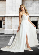 Load image into Gallery viewer, Jadyn A-Line Lace Chiffon Chapel Train Dress Diamond White/Nude HDOP0022775