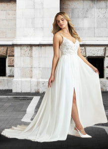 Jadyn A-Line Lace Chiffon Chapel Train Dress Diamond White/Nude HDOP0022775