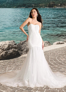Cynthia Mermaid Sequins Tulle Cathedral Train Dress Diamond White HDOP0022798