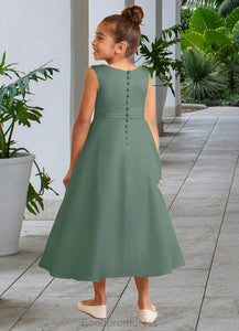 Ryan A-Line Pleated Matte Satin Ankle-Length Dress Eucalyptus HDOP0022803