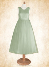 Load image into Gallery viewer, Charlize A-Line Pleated Matte Satin Tea-Length Dress Dusty Sage HDOP0022804