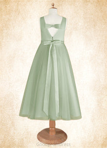Charlize A-Line Pleated Matte Satin Tea-Length Dress Dusty Sage HDOP0022804