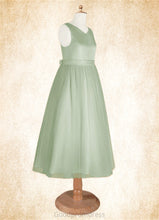 Load image into Gallery viewer, Charlize A-Line Pleated Matte Satin Tea-Length Dress Dusty Sage HDOP0022804