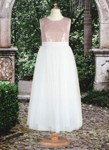 Mimi A-Line Sequins Tulle Tea-Length Dress dusty rose HDOP0022805