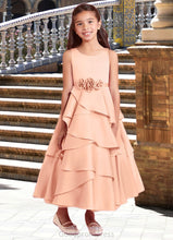 Load image into Gallery viewer, Audrey Scoop Floral Belt Tier Stretch Satin A-Line Dress English Rose HDOP0022806