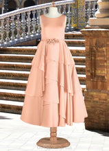 Load image into Gallery viewer, Audrey Scoop Floral Belt Tier Stretch Satin A-Line Dress English Rose HDOP0022806