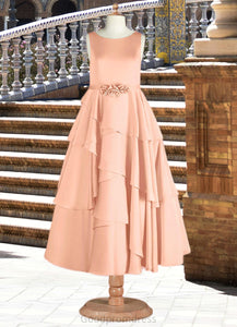 Audrey Scoop Floral Belt Tier Stretch Satin A-Line Dress English Rose HDOP0022806