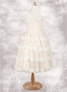 Yasmine A-Line Lace Tulle Knee-Length Dress Diamond White/Champagne HDOP0022809