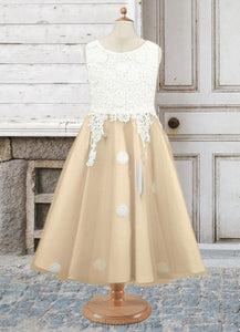 Maggie A-Line Lace Tulle Tea-Length Dress Ivory/Champagne HDOP0022812