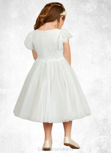Jocelyn A-Line Lace Tulle Knee-Length Dress Diamond White HDOP0022813