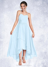 Load image into Gallery viewer, Brittany A-Line Ruched Chiffon Asymmetrical Junior Bridesmaid Dress Sky Blue HDOP0022848