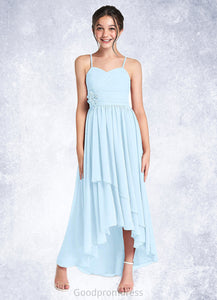 Brittany A-Line Ruched Chiffon Asymmetrical Junior Bridesmaid Dress Sky Blue HDOP0022848