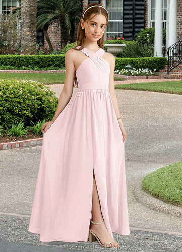 June A-Line Pleated Chiffon Floor-Length Junior Bridesmaid Dress Blushing Pink HDOP0022849