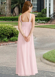 June A-Line Pleated Chiffon Floor-Length Junior Bridesmaid Dress Blushing Pink HDOP0022849