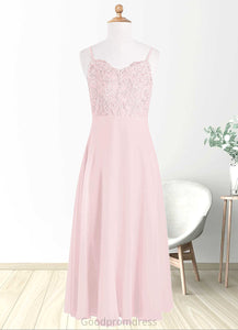 Arely A-Line Lace Chiffon Floor-Length Junior Bridesmaid Dress Blushing Pink HDOP0022853