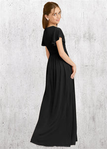 Martina A-Line Ruched Mesh Floor-Length Junior Bridesmaid Dress black HDOP0022857