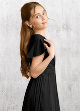 Load image into Gallery viewer, Martina A-Line Ruched Mesh Floor-Length Junior Bridesmaid Dress black HDOP0022857