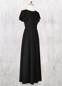 Martina A-Line Ruched Mesh Floor-Length Junior Bridesmaid Dress black HDOP0022857