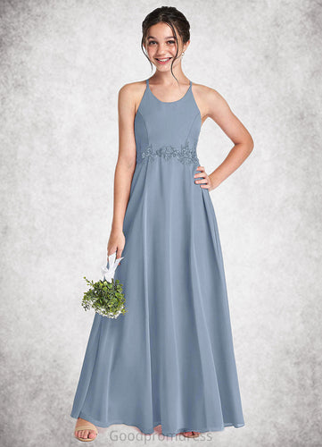 Jaiden A-Line Lace Chiffon Floor-Length Junior Bridesmaid Dress dusty blue HDOP0022860