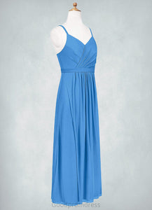 Beatrice Pleated Mesh Floor-Length Junior Bridesmaid Dress Blue Jay HDOP0022861