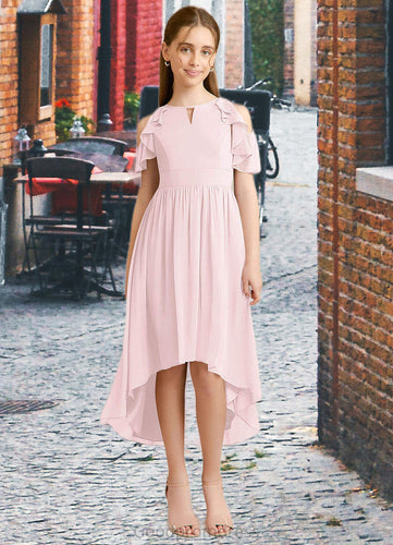 Makenzie A-Line Ruched Chiffon Asymmetrical Junior Bridesmaid Dress Blushing Pink HDOP0022862