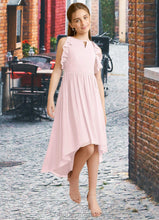 Load image into Gallery viewer, Makenzie A-Line Ruched Chiffon Asymmetrical Junior Bridesmaid Dress Blushing Pink HDOP0022862