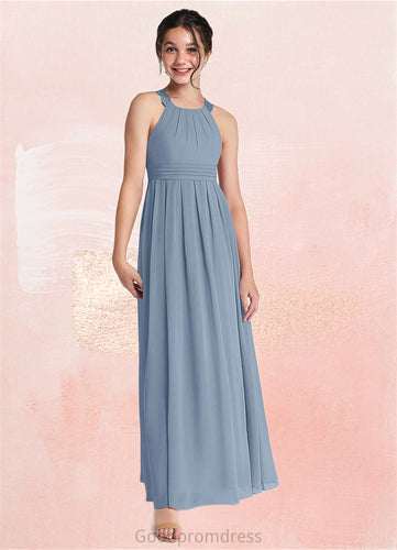 Judith A-Line Lace Chiffon Floor-Length Junior Bridesmaid Dress dusty blue HDOP0022871
