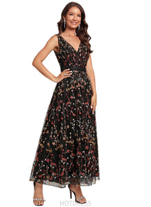 Ashleigh A-line V-Neck Ankle-Length Lace Cocktail Dress With Beading Flower HDOP0020923