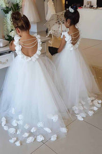 Ruffles Straps Ball Gown Tulle Flower Girl Dresses With Pearl Back