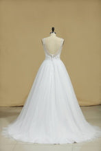 Load image into Gallery viewer, A Line Bateau Open Back Beaded Bodice Tulle Court Train Wedding Dresses