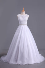 Load image into Gallery viewer, White Scoop Wedding Dresses A-Line Court Train With Beads &amp; Applique