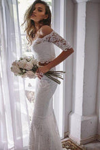 Load image into Gallery viewer, 2 Pieces Ivory Lace Mermaid Off the Shoulder Wedding Dresses, Beach Wedding Gowns SJS14986