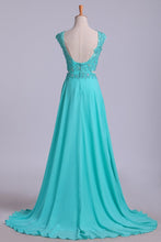 Load image into Gallery viewer, Two Pieces Bateau Backless Prom Dresses A Line Chiffon Sweep Train With Slit
