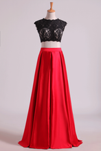 Load image into Gallery viewer, Two Pieces Open Back Prom Dresses Scoop Satin Appliqued&amp;Beaded Bodice Floor Length
