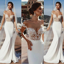Load image into Gallery viewer, Stunning Mermaid Cap Sleeve Sheer Neck Long Wedding Dresses Beach Wedding Gowns SJS15437