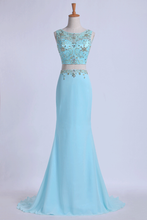 Load image into Gallery viewer, Two Pieces Prom Dresses Scoop Sheath With Beading Sweep Train