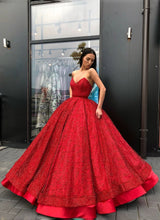 Load image into Gallery viewer, Sparkly Ball Gown Burgundy Strapless Sweetheart Prom Dresses, Long Quinceanera Dresses SJS15428