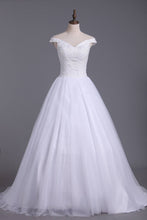 Load image into Gallery viewer, White Off The Shoulder Beaded Bodice Tulle A Line Wedding Dresses