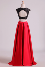 Load image into Gallery viewer, Two Pieces Open Back Prom Dresses Scoop Satin Appliqued&amp;Beaded Bodice Floor Length