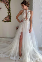 Load image into Gallery viewer, A Line Appliques Ivory Open Back Wedding Dresses Long Beach Bridal SJSP2PKLXCG