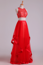 Load image into Gallery viewer, Two Pieces Scoop Prom Dresses A Line Tulle Sweep Train See-Through