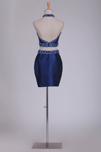 Load image into Gallery viewer, Two Pieces Halter Homecoming Dresses Sheath With Beads Short/Mini Dark Royal Blue