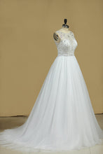 Load image into Gallery viewer, A Line Bateau Open Back Beaded Bodice Tulle Court Train Wedding Dresses