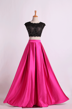 Load image into Gallery viewer, Two Pieces Prom Dresses Scoop Appliqued&amp;Beaded Bodice Floor Length Open Back Satin