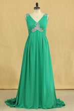Load image into Gallery viewer, V Neck A Line Plus Size Prom Dresses Chiffon Sweep Train With Ruffles &amp; Beads