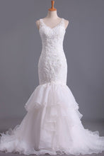 Load image into Gallery viewer, V Neck Wedding Dresses Organza With Applique  &amp; Ruffles Mermaid Court Train