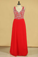 Load image into Gallery viewer, Red Plus Size V Neck Beaded Bodice Chiffon &amp; Tulle A Line Prom Dresses