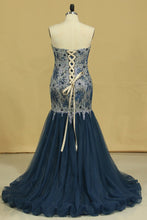 Load image into Gallery viewer, Strapless Mermaid Prom Dresses Tulle &amp; Lace With Rhinestones And Beads Plus Size